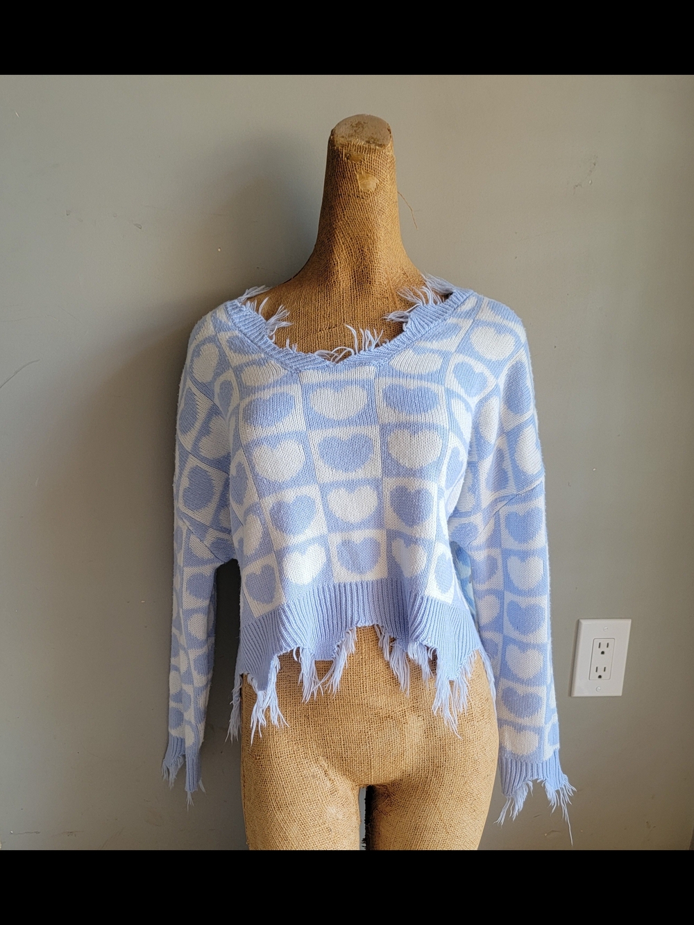 Light Blue Heart-Pattern Distressed Women's Sweater
